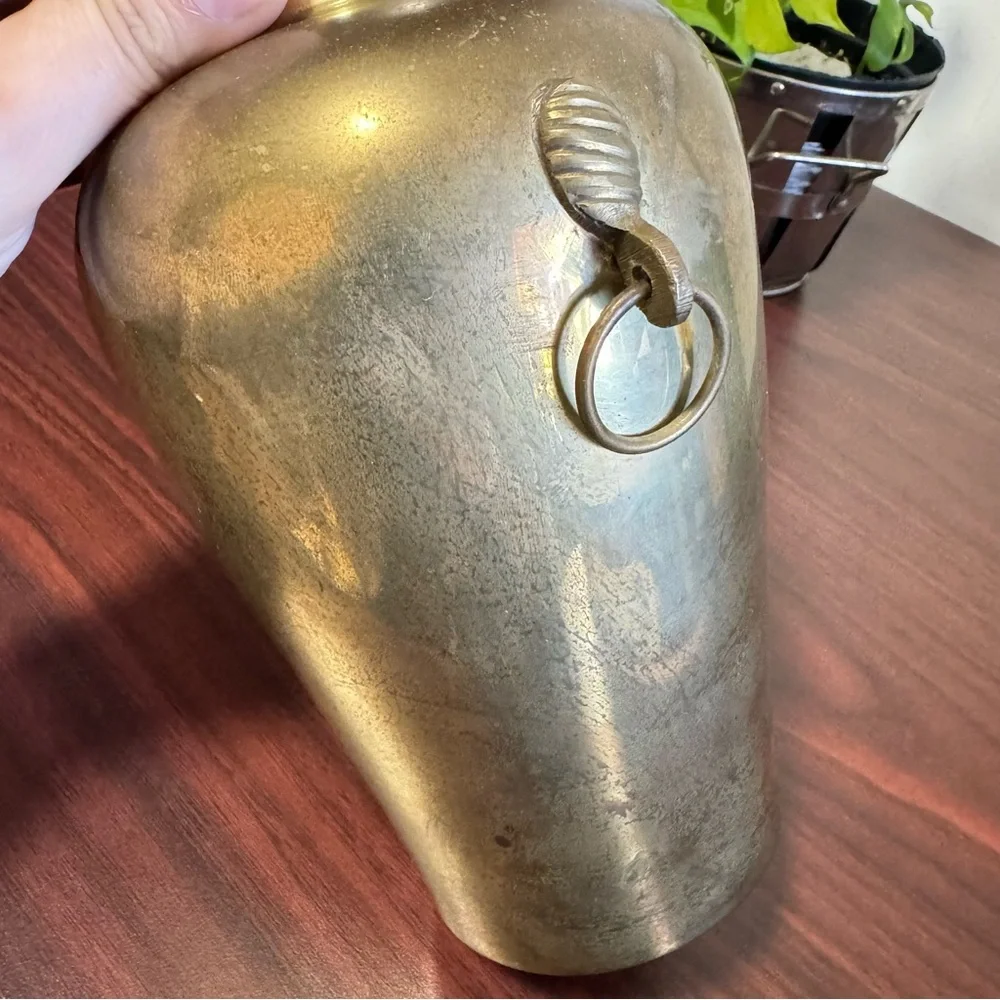 Vintage RIH Solid Brass, 8” Ring Handles Flower Vase, Flared Lip, Made In India